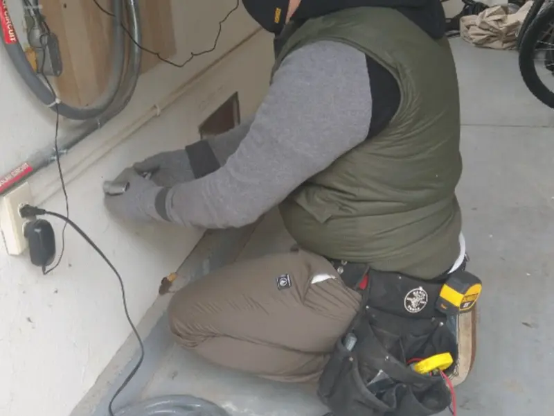 Electrician performing outlet wiring in a Menomonie garage